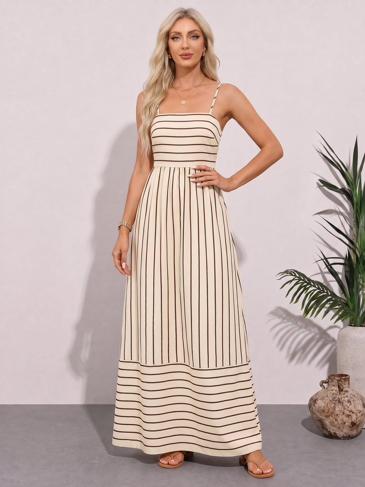 Striped Spaghetti Strap Backless Tiered Resort Dress
