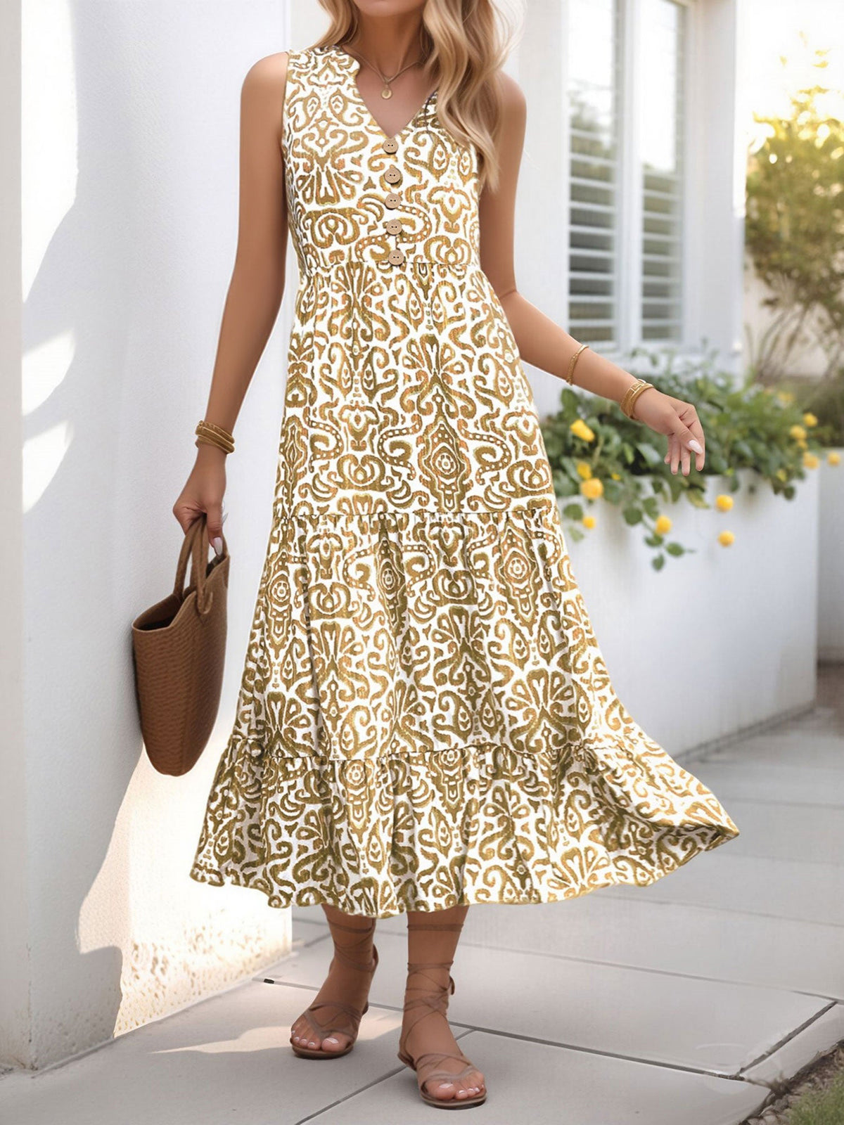 Sleeveless Boho Floral Vacation Tiered Dress