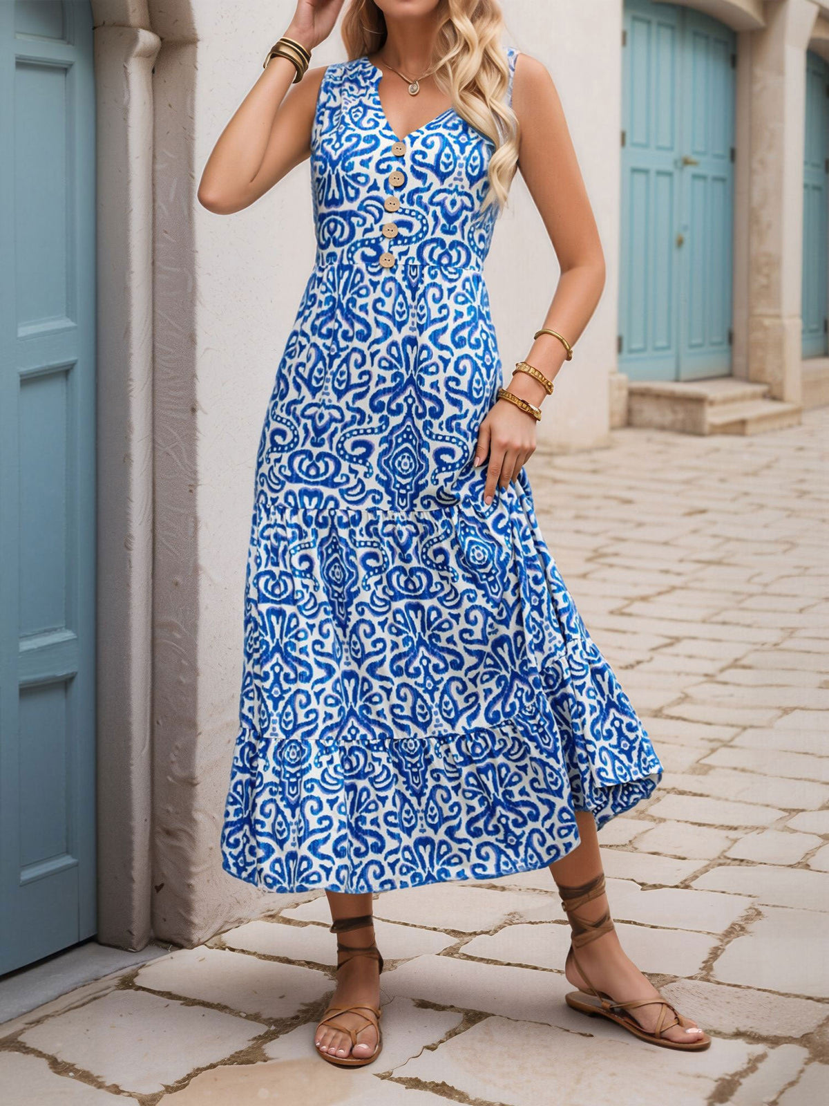 Sleeveless Boho Floral Vacation Tiered Dress
