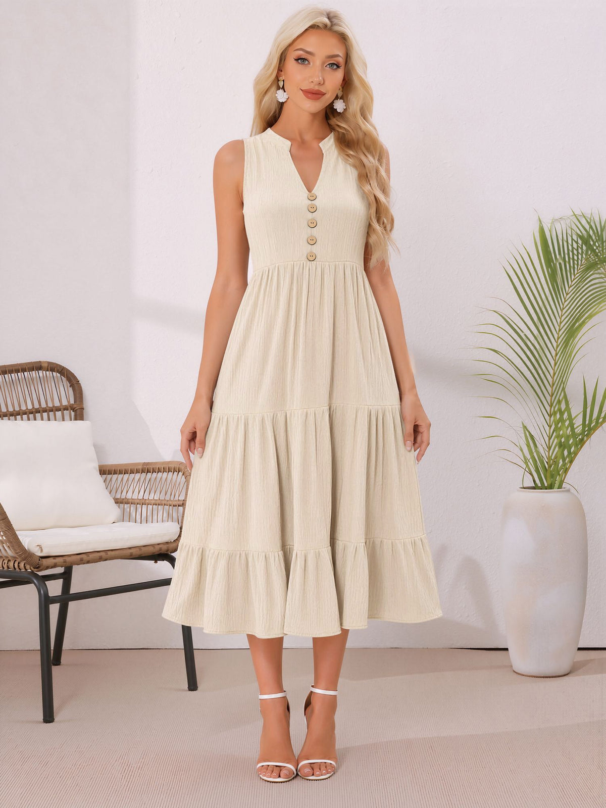 Button Decor Notch Neck Sleeveless A-Line Tiered Dress