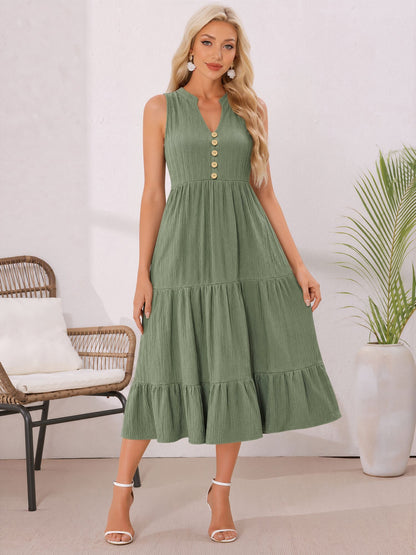 Button Decor Notch Neck Sleeveless A-Line Tiered Dress