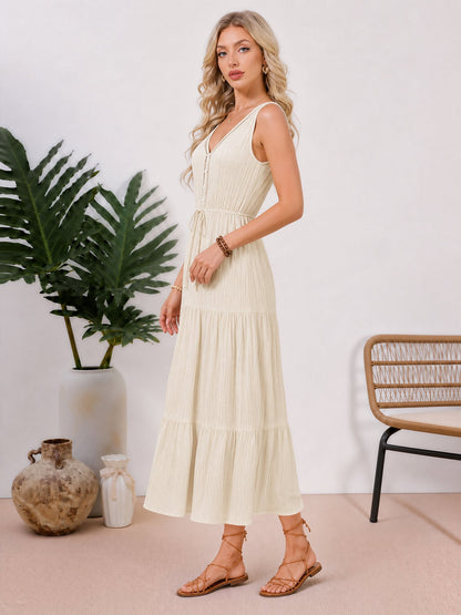 Textured Sleeveless V Neck Tiered A-Line Dress