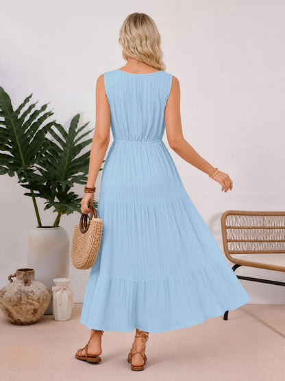 Textured Sleeveless V Neck Tiered A-Line Dress