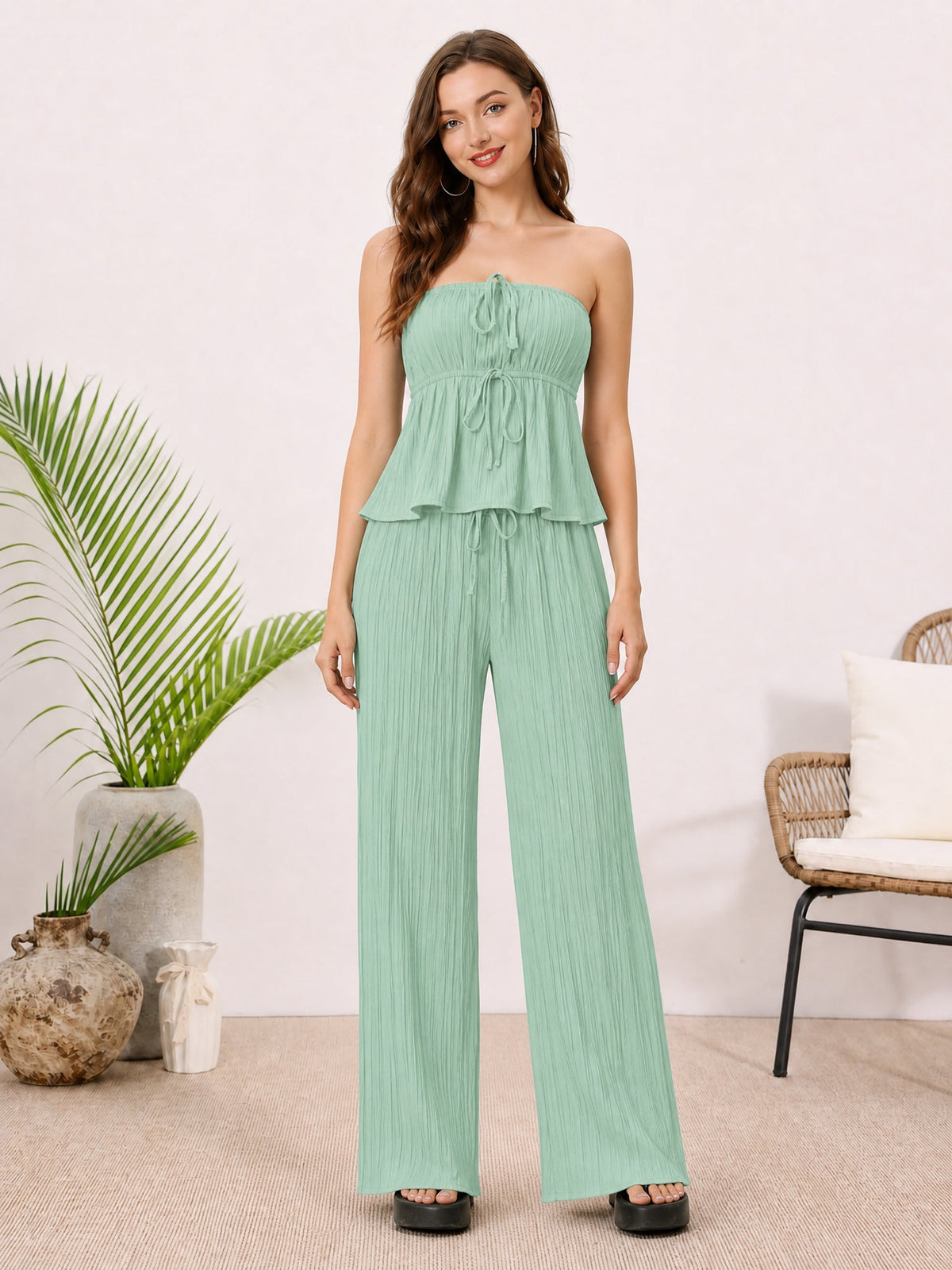 2 Pieces Vacation Style Matching Set Strapless Ruffled Cropped Top and Wide-Leg Pants
