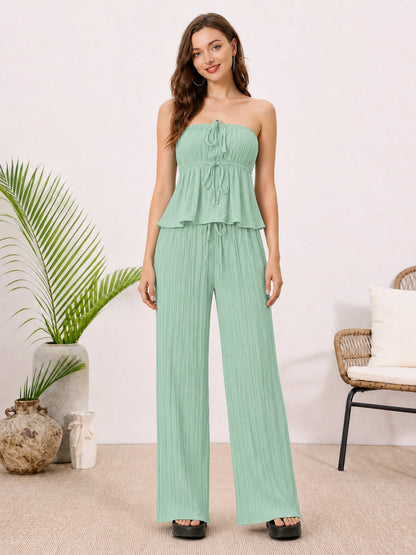 2 Pieces Vacation Style Matching Set Strapless Ruffled Cropped Top and Wide-Leg Pants