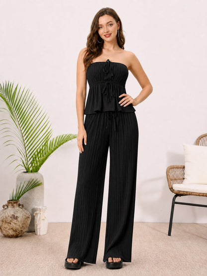 2 Pieces Vacation Style Matching Set Strapless Ruffled Cropped Top and Wide-Leg Pants