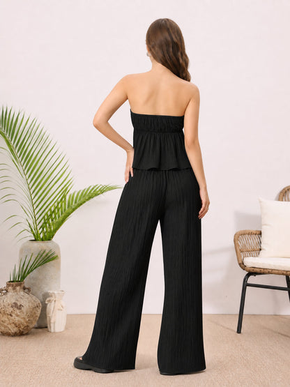 2 Pieces Vacation Style Matching Set Strapless Ruffled Cropped Top and Wide-Leg Pants