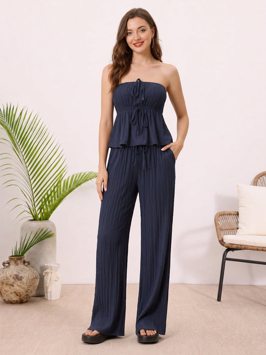 2 Pieces Vacation Style Matching Set Strapless Ruffled Cropped Top and Wide-Leg Pants