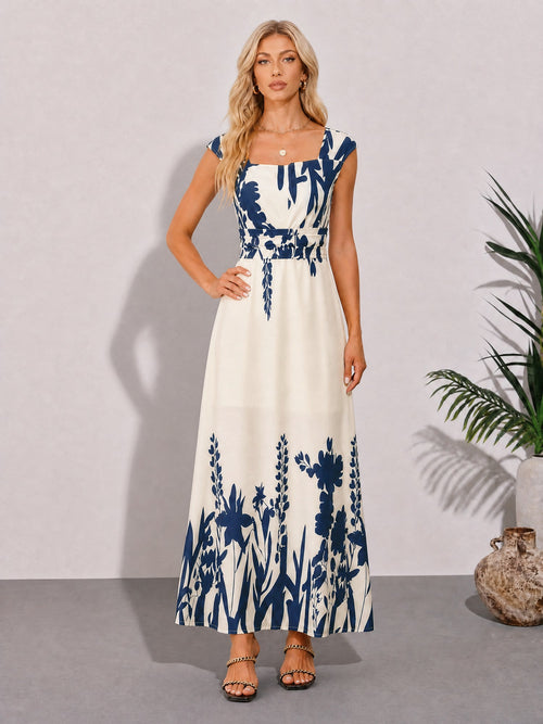 Floral Cap Sleeves Square Neck A-Line Maxi Dress