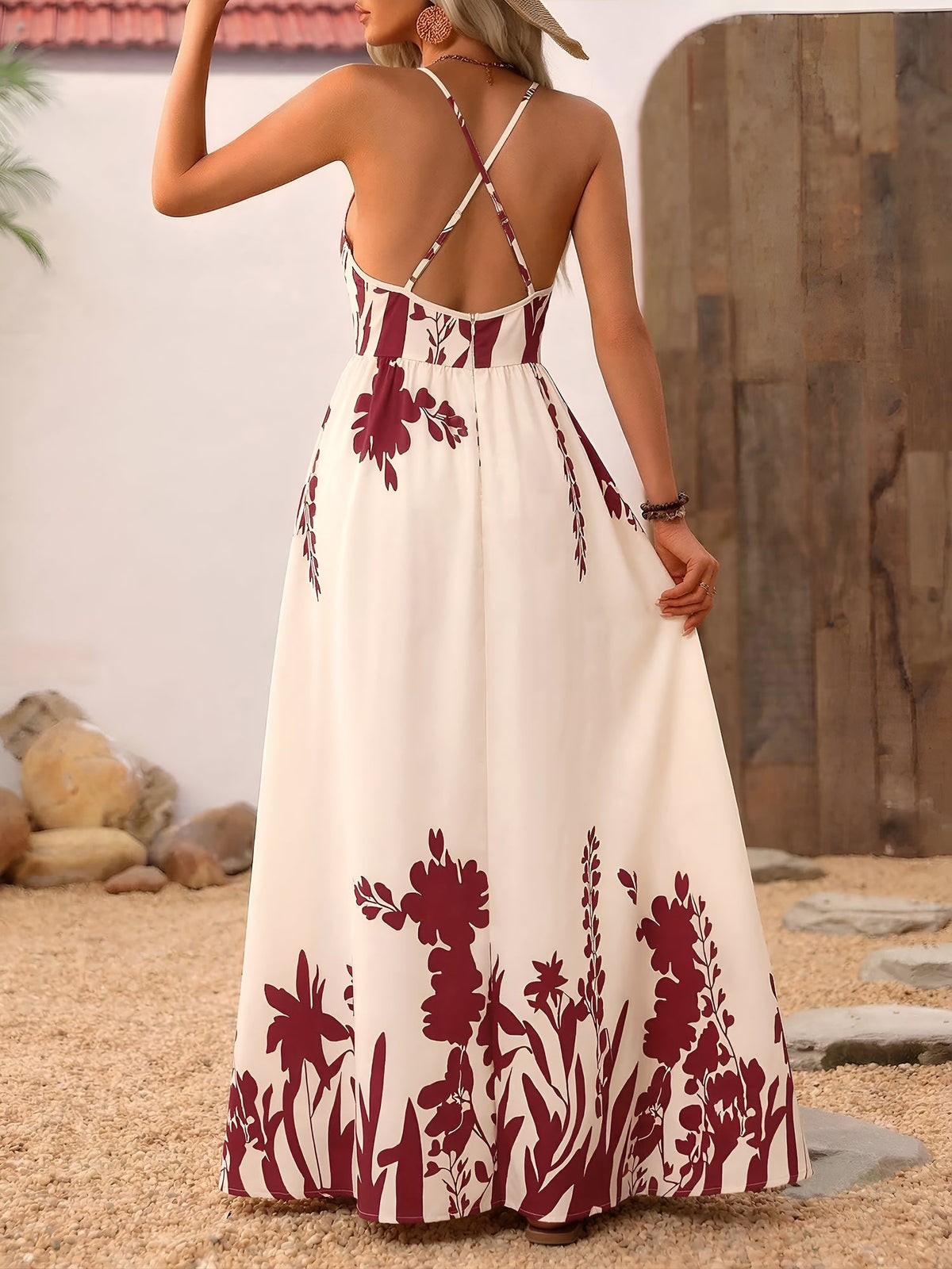 Floral Spaghetti Strap Deep V Neck Backless Resort Dress