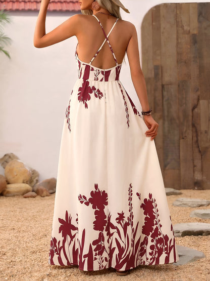 Floral Spaghetti Strap Deep V Neck Backless Resort Dress
