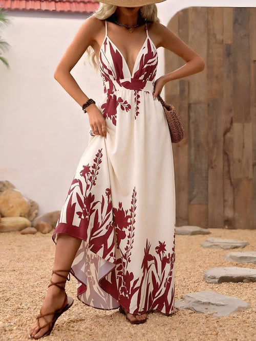 Floral Spaghetti Strap Deep V Neck Backless Resort Dress