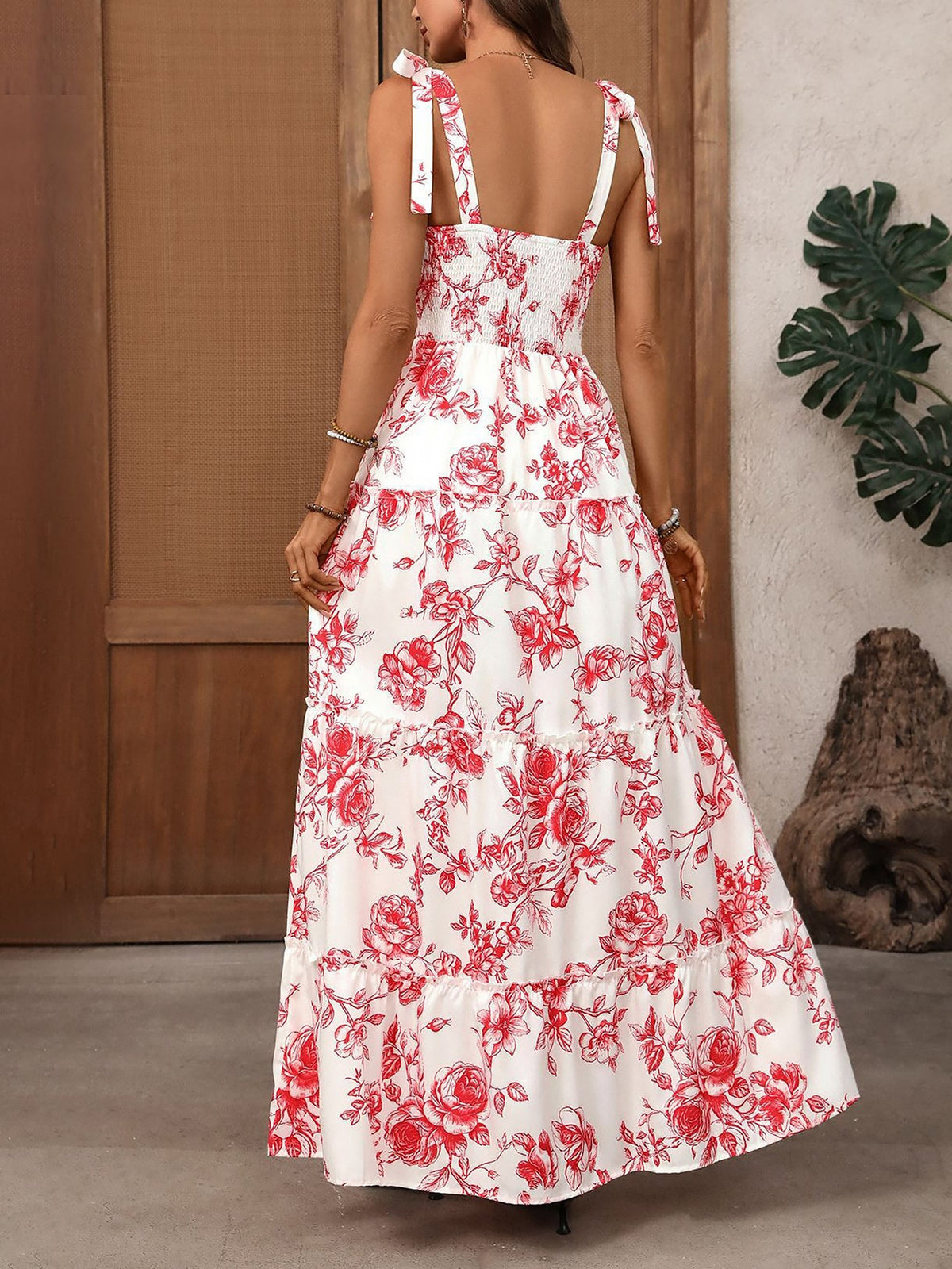 Lace-Up Straps Floral Sleeveless Tiered Maxi Dress