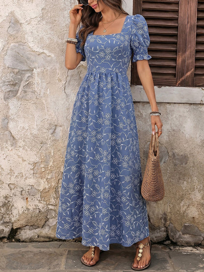 Square Neck Smocked Puff Sleeves Floral A-Line Dress