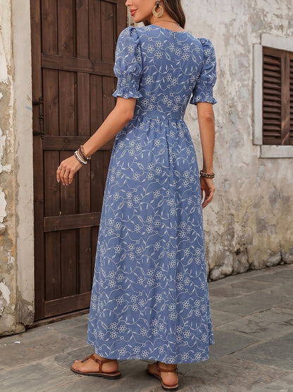 Square Neck Smocked Puff Sleeves Floral A-Line Dress