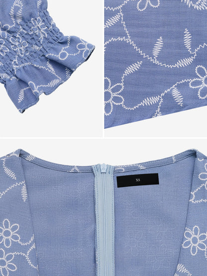 Square Neck Smocked Puff Sleeves Floral A-Line Dress