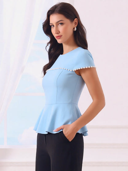 Faux Pearl Decor Cap Sleeves Peplum Blouse