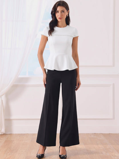 Faux Pearl Decor Cap Sleeves Peplum Blouse