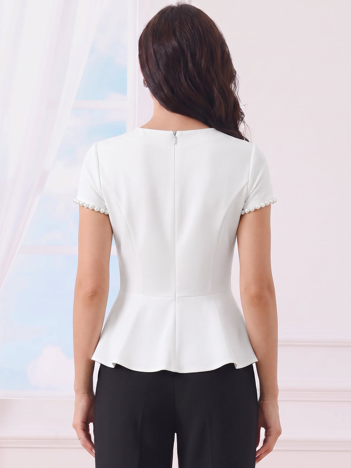 Faux Pearl Decor Cap Sleeves Peplum Blouse
