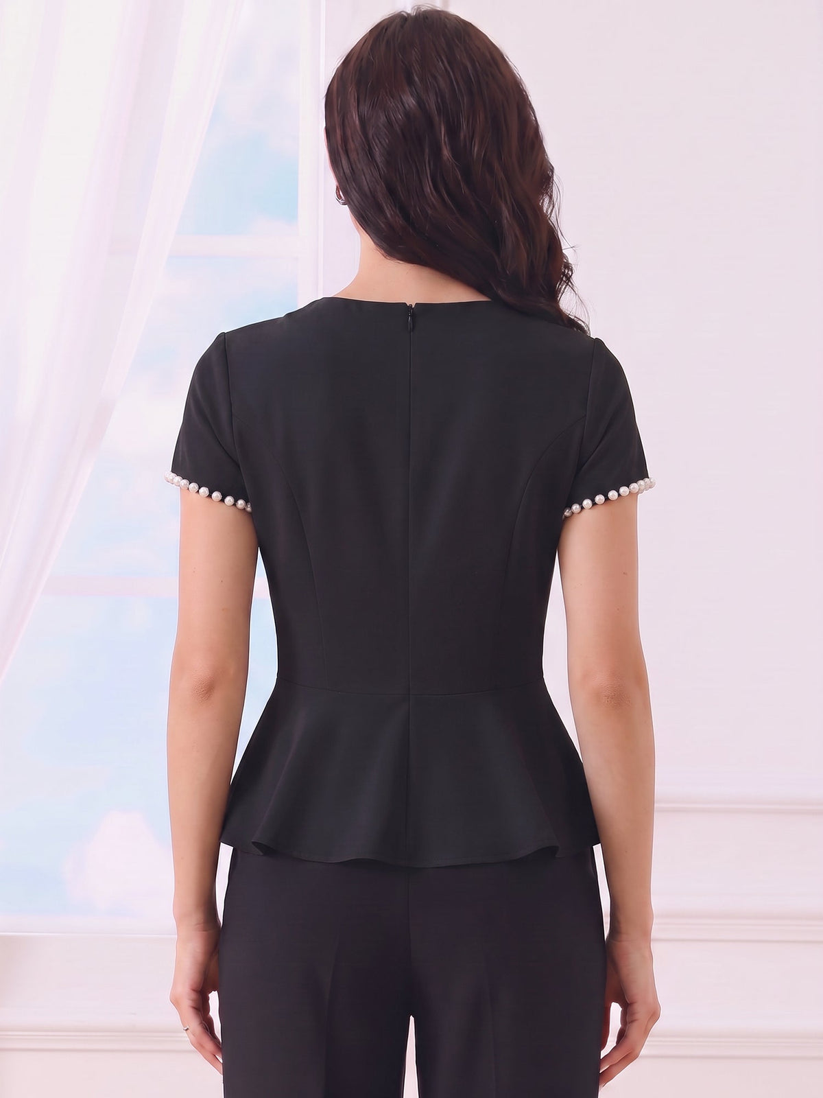 Faux Pearl Decor Cap Sleeves Peplum Blouse