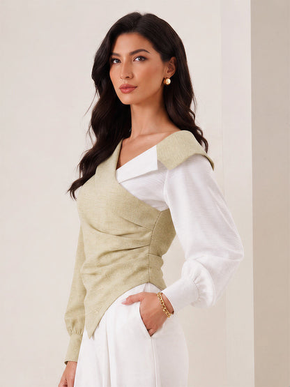 Colorblock Patchwork Puff Sleeves Ruched Blouse