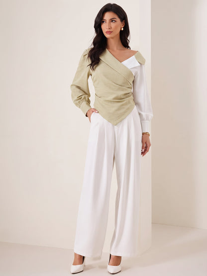 Colorblock Patchwork Puff Sleeves Ruched Blouse