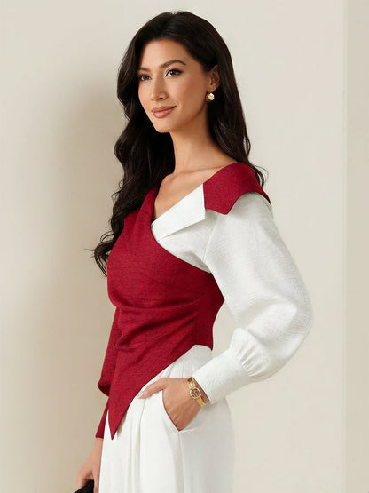 Colorblock Patchwork Puff Sleeves Ruched Blouse