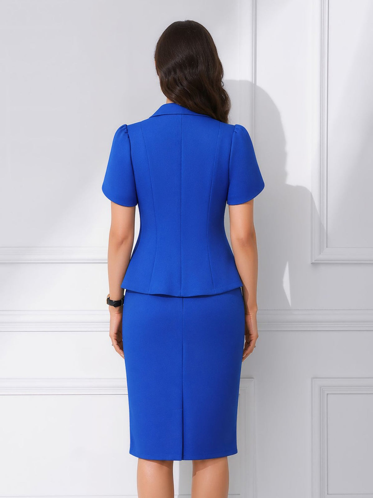 2 Pieces Petal Sleeves Double Breasted Top & Midi Pencil Skirt Work Suit Set