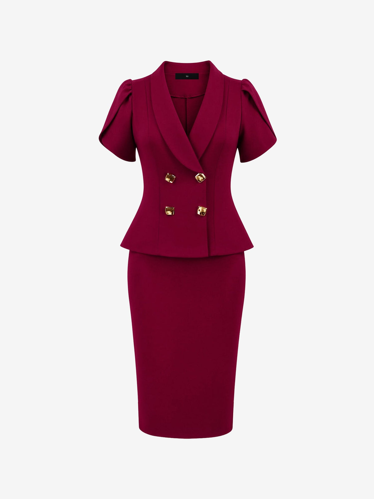 2 Pieces Petal Sleeves Double Breasted Top & Midi Pencil Skirt Work Suit Set