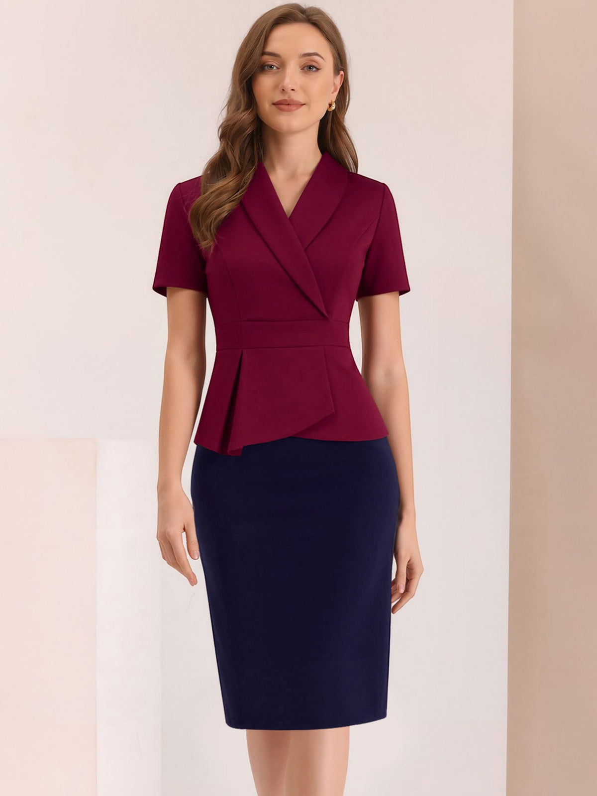 Colorblock Patchwork Short Sleeves Midi Sheath Dress