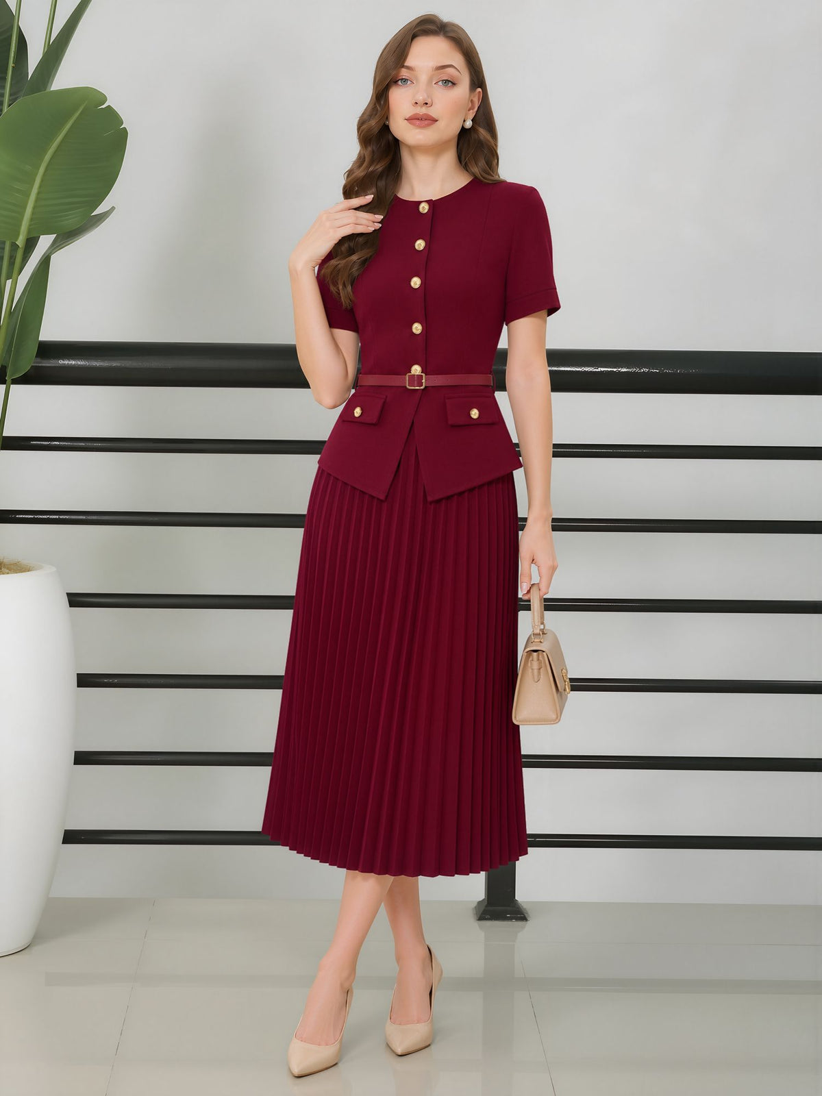 Fake Two-Piece Belted Midi Pleated Work Dress