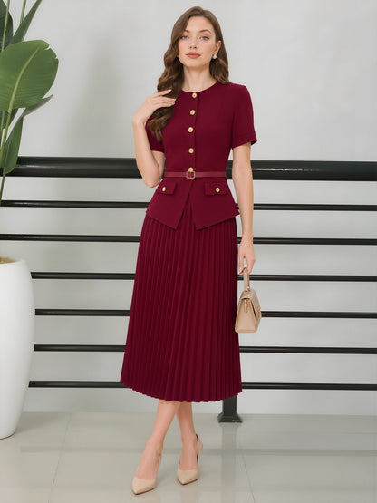 Fake Two-Piece Belted Midi Pleated Work Dress