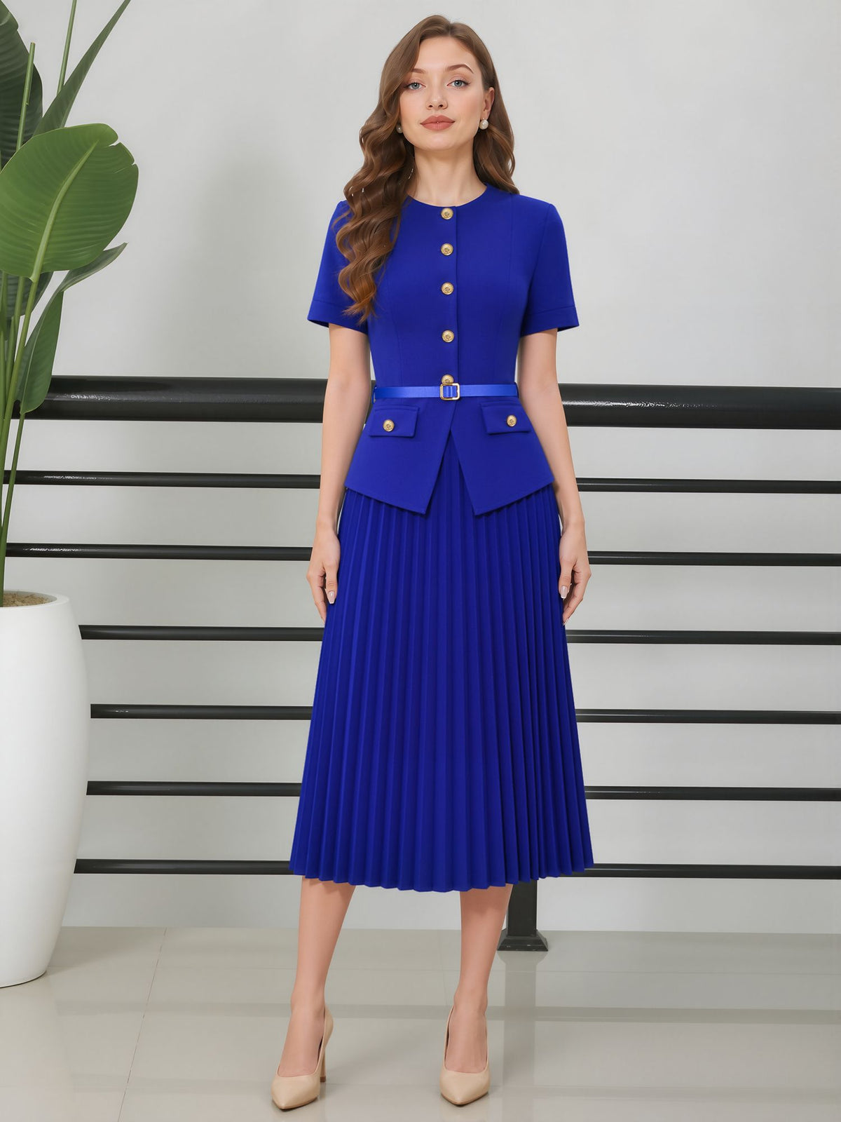 Fake Two-Piece Belted Midi Pleated Work Dress