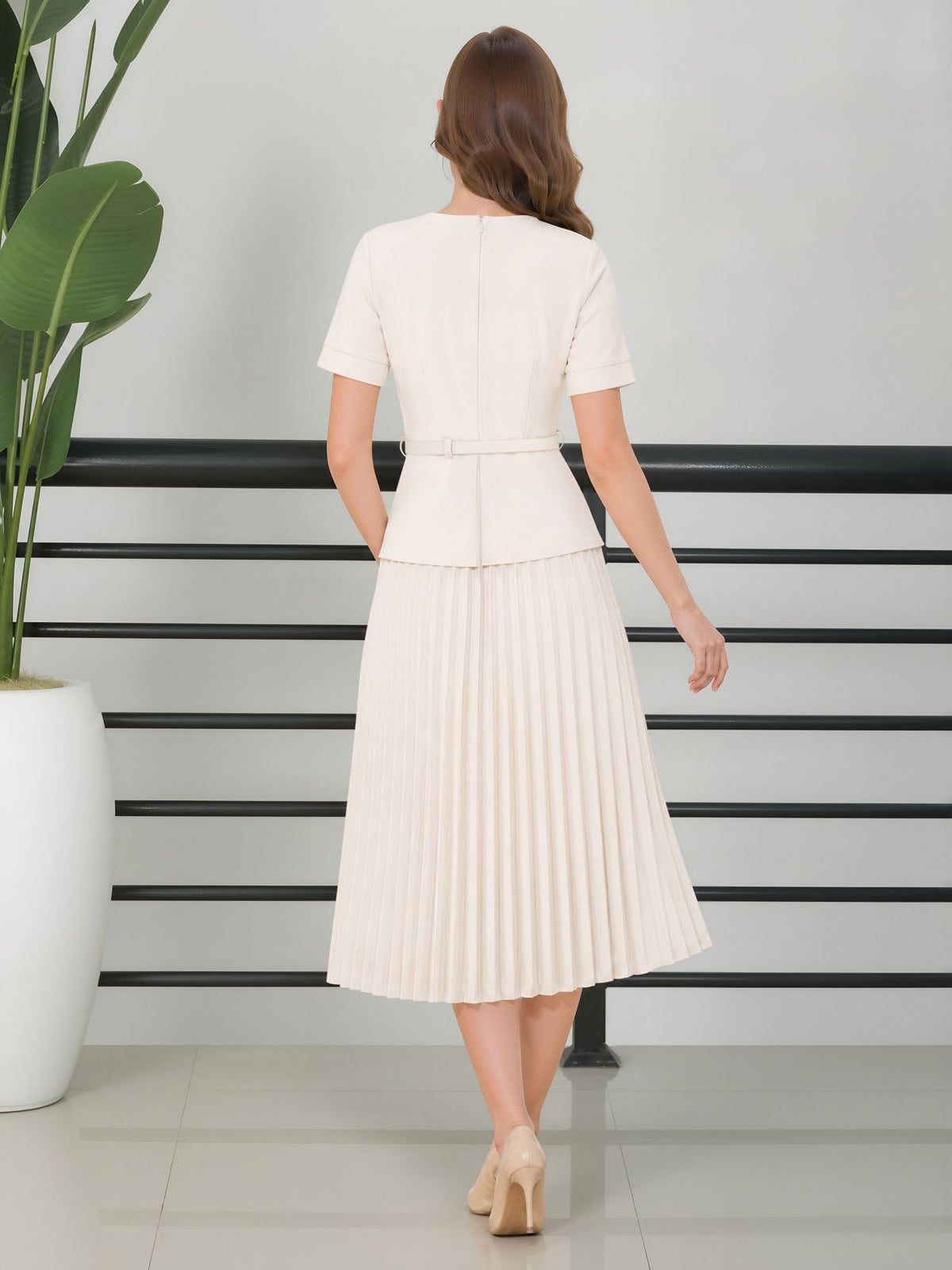 Fake Two-Piece Belted Midi Pleated Work Dress