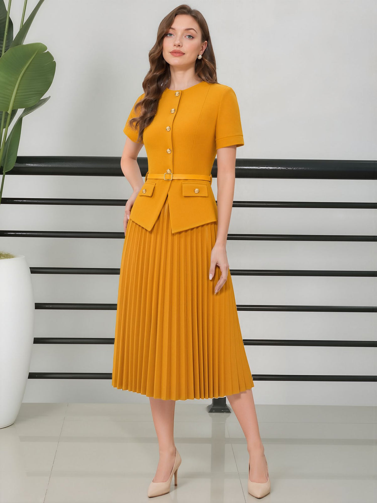 Fake Two-Piece Belted Midi Pleated Work Dress