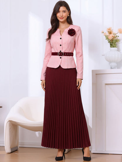 2 Pieces Plaid Belted Long Sleeves Jacket & Pleated Maxi Skirt Matching Set