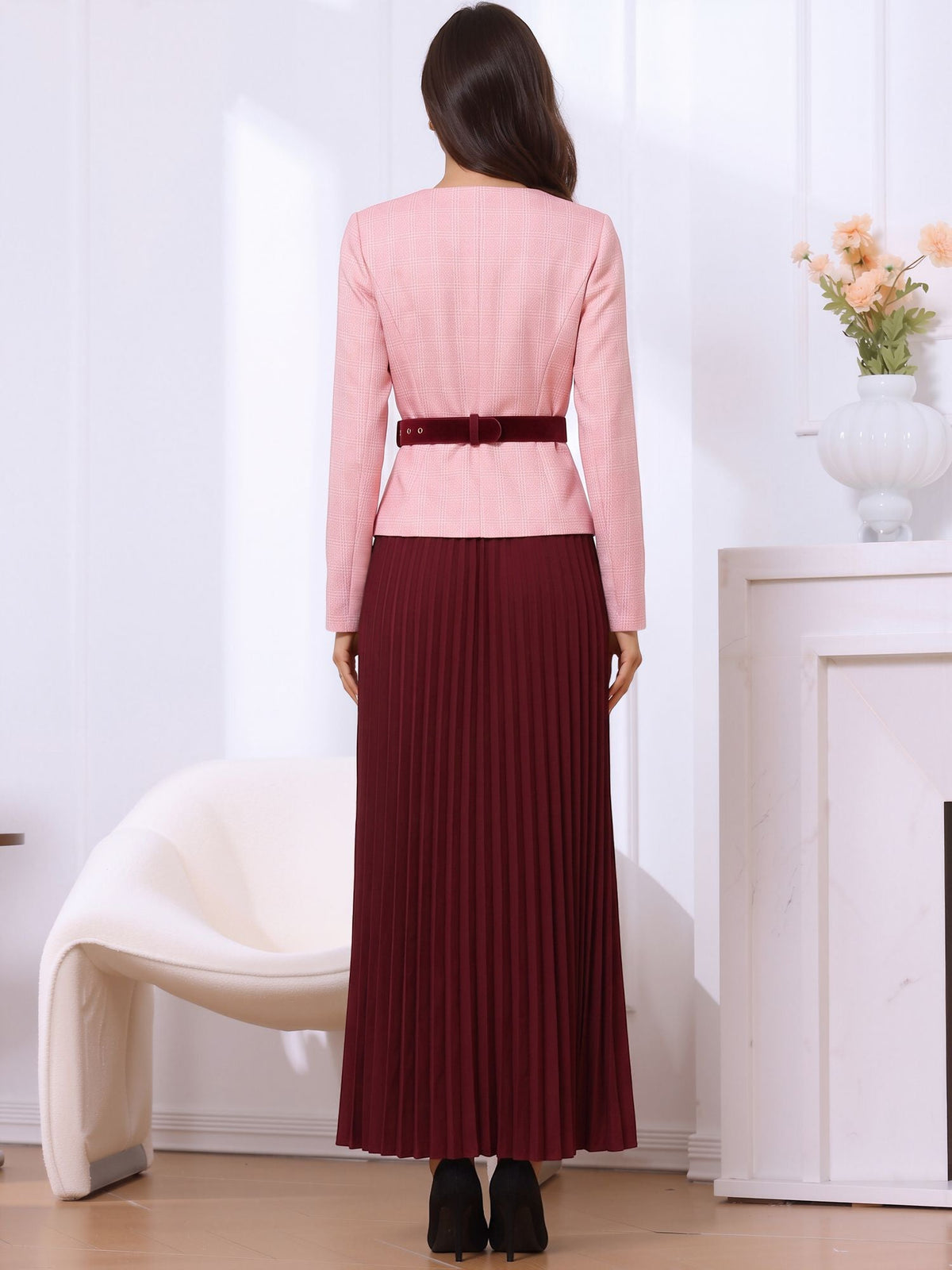 2 Pieces Plaid Belted Long Sleeves Jacket & Pleated Maxi Skirt Matching Set