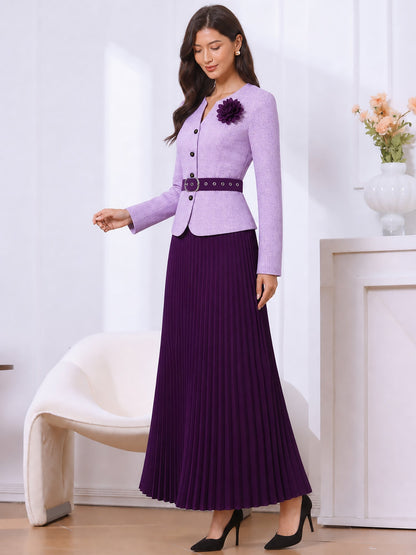 2 Pieces Plaid Belted Long Sleeves Jacket & Pleated Maxi Skirt Matching Set