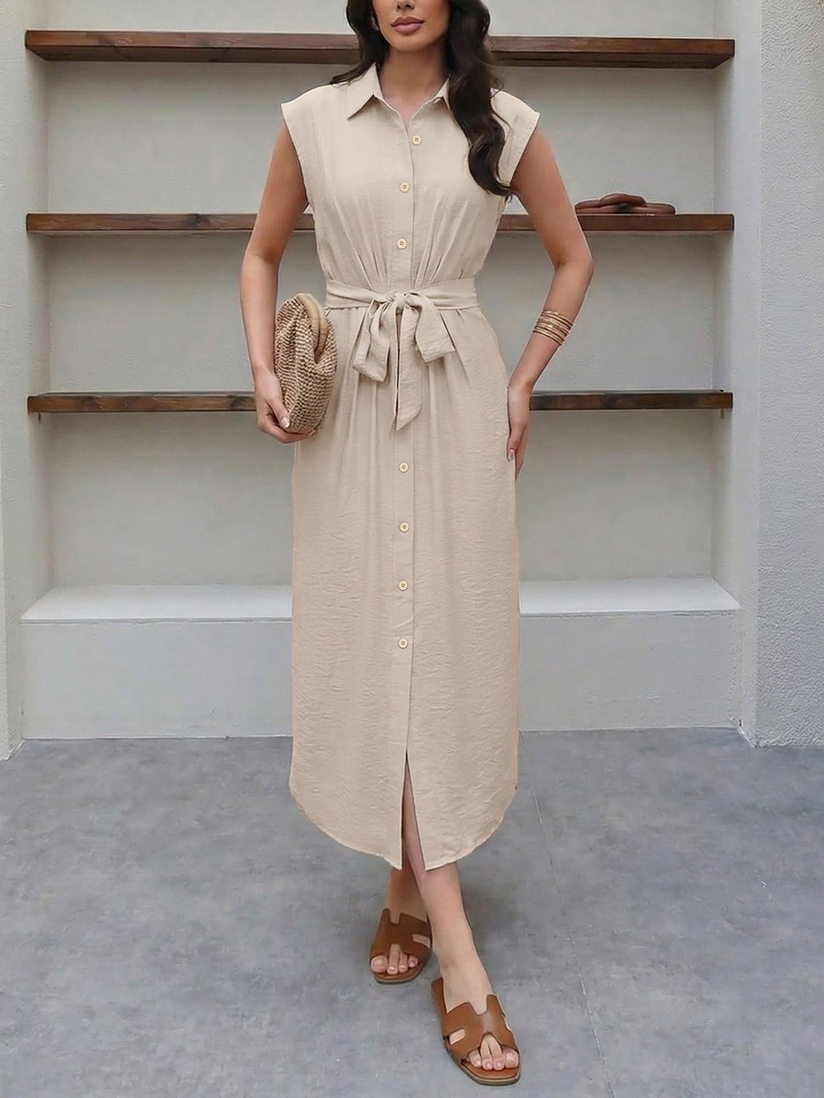 Solid Color Button Down Midi Shirt Dress