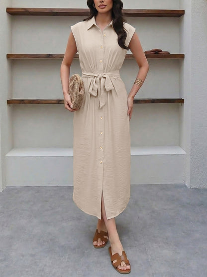 Solid Color Button Down Midi Shirt Dress