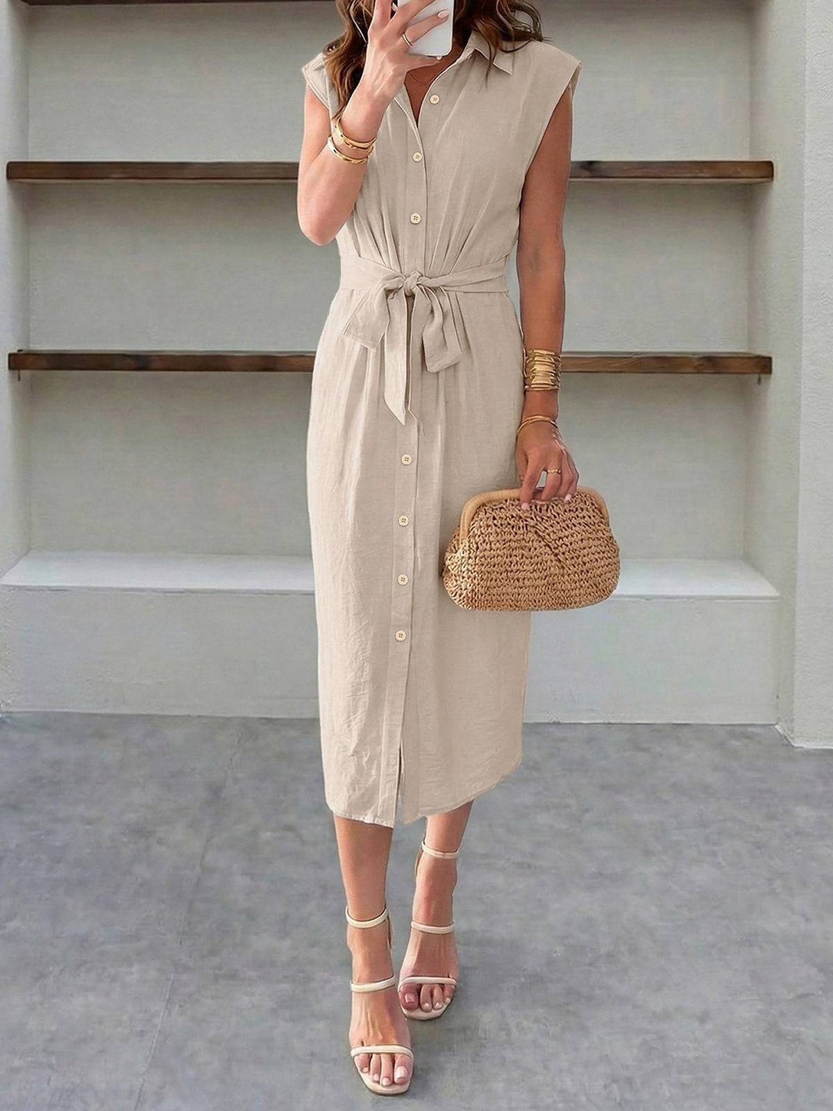 Solid Color Button Down Midi Shirt Dress
