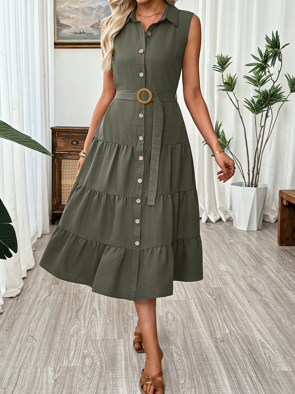 Sleeveless Collared Belted A-Line Tiered Dress