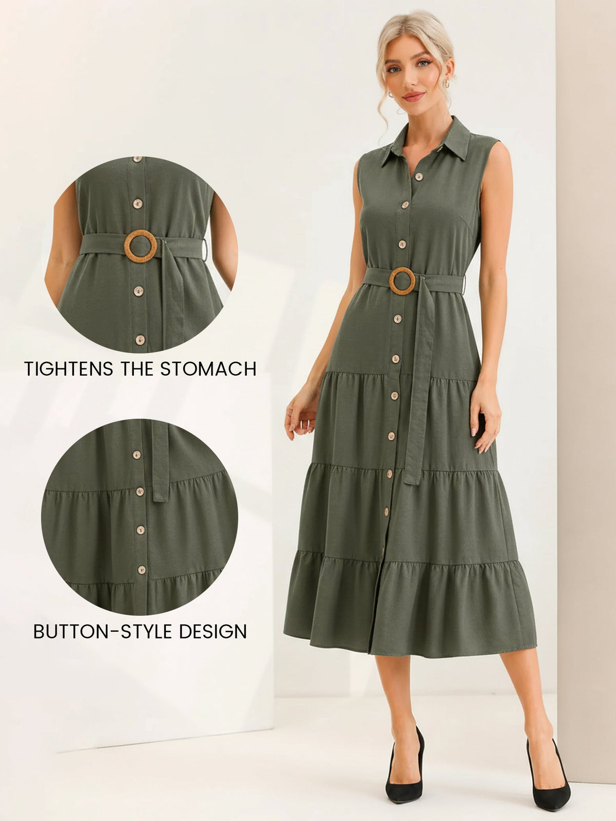 Sleeveless Collared Belted A-Line Tiered Dress
