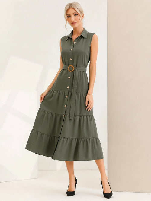 Sleeveless Collared Belted A-Line Tiered Dress