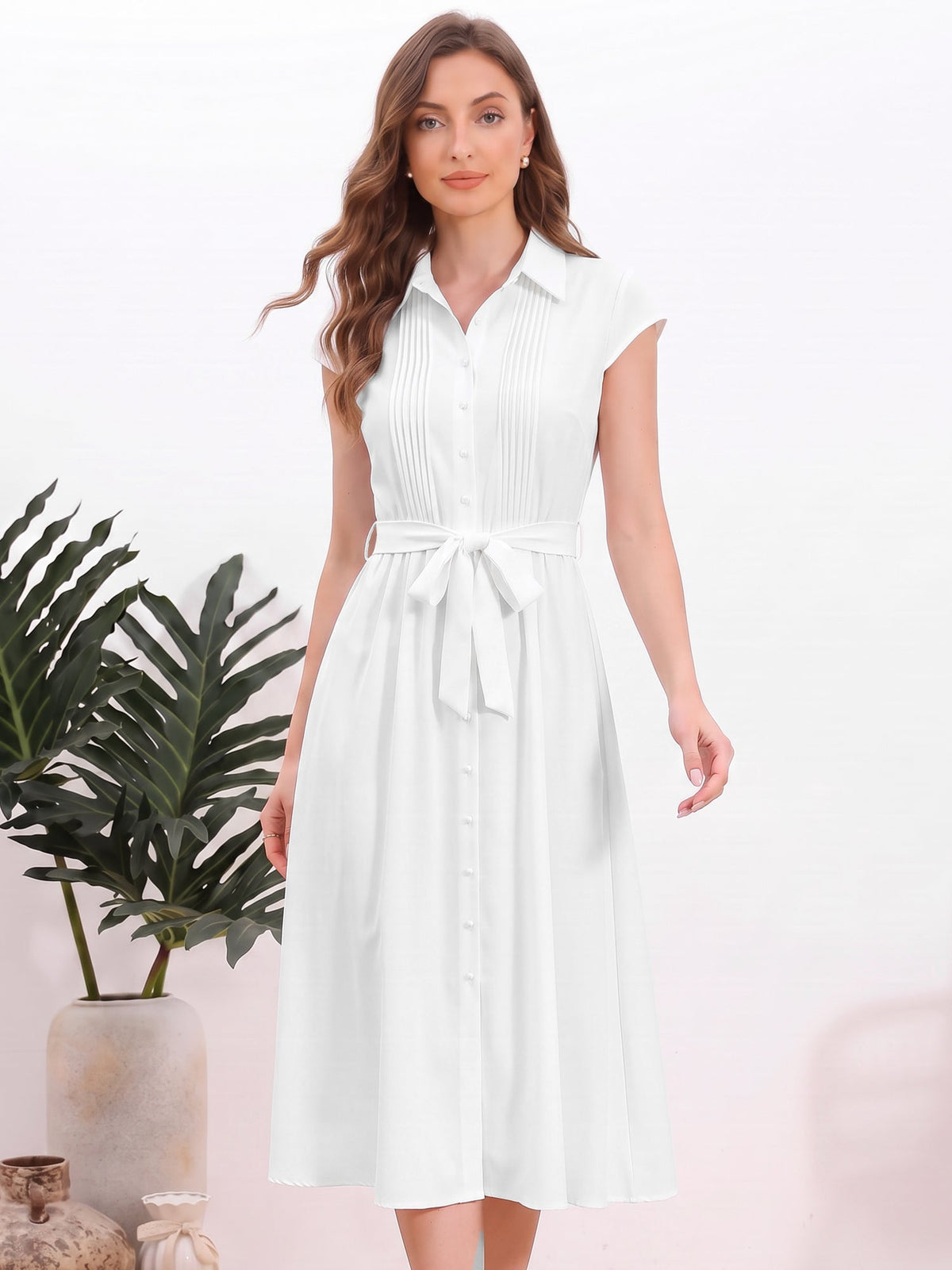 Minimalist Collared Waist-Cinched A-Line Shirt Dress