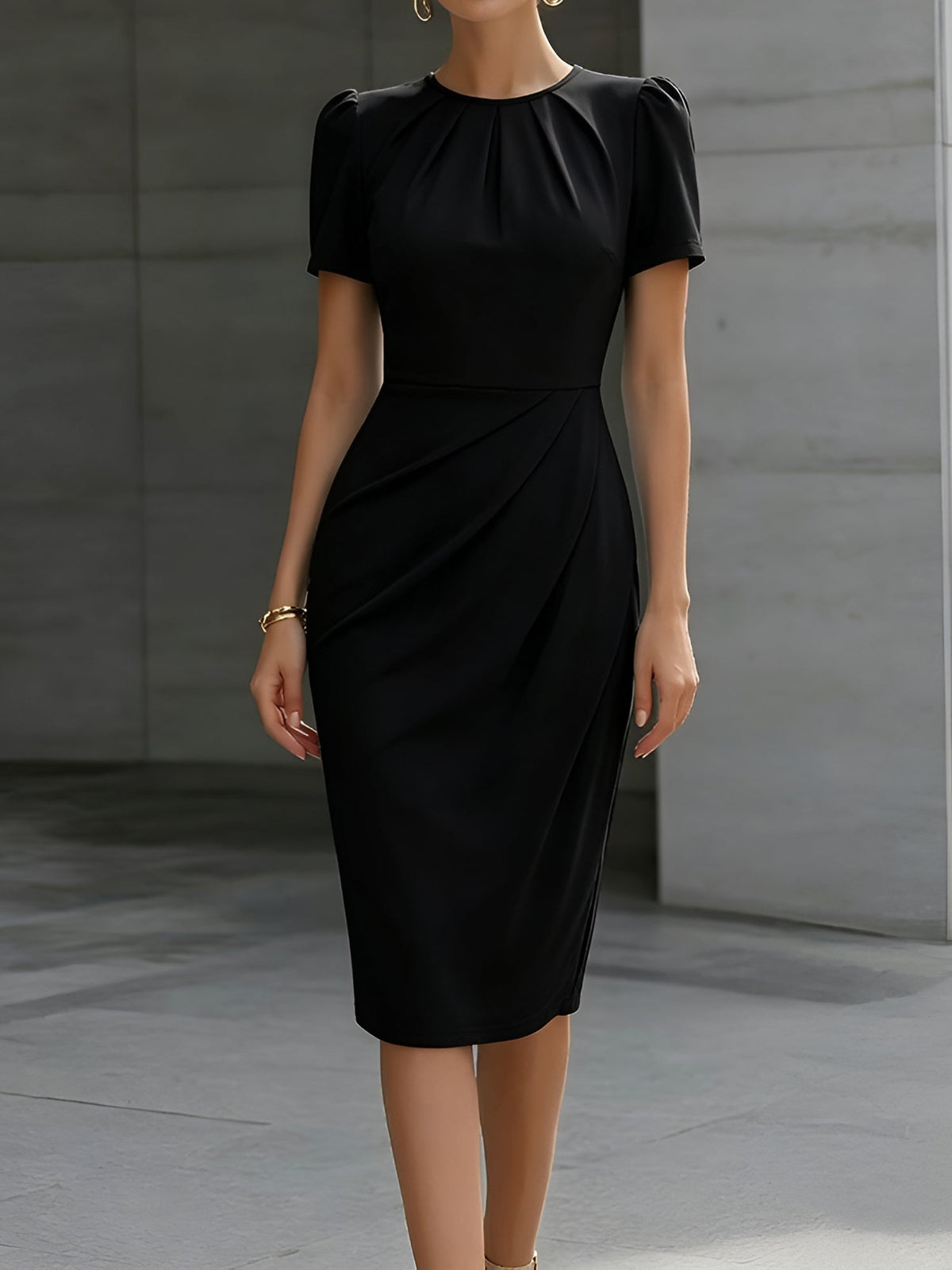Ruched Puff Sleeves Round Neck Sheath Work Dress