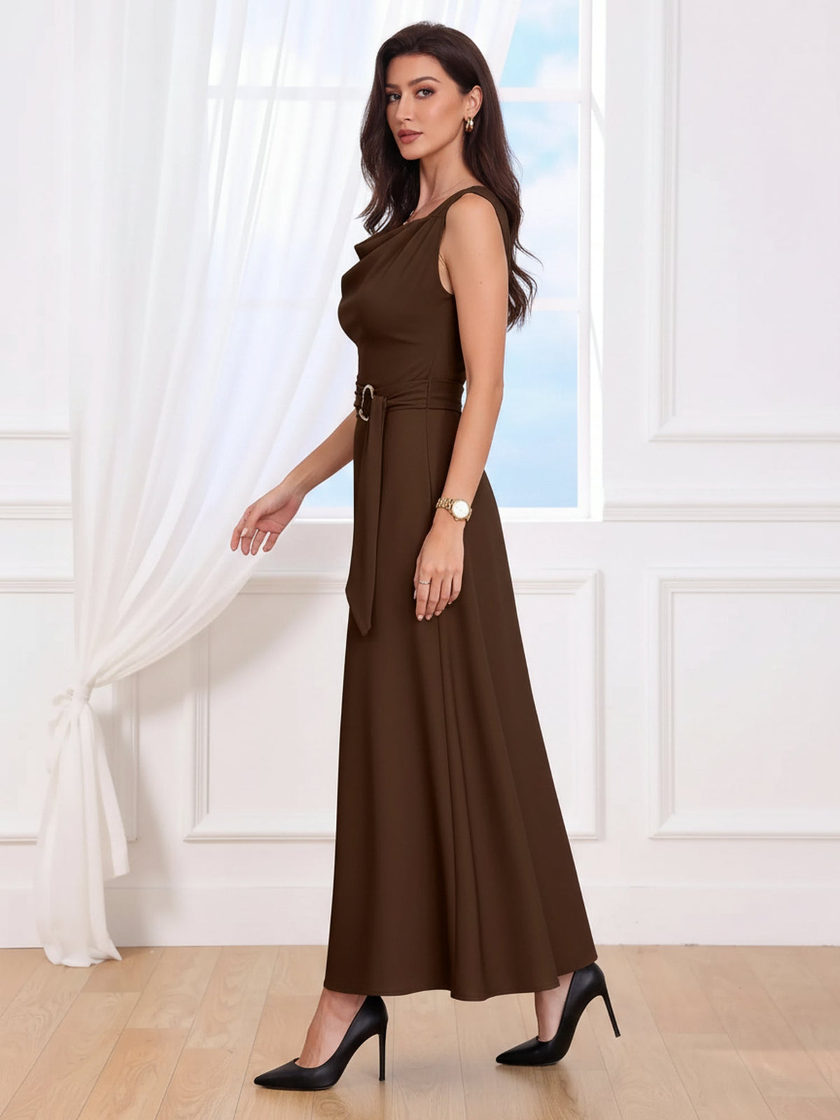Asymmetrical Sleeveless Cowl Neck Midi Dress