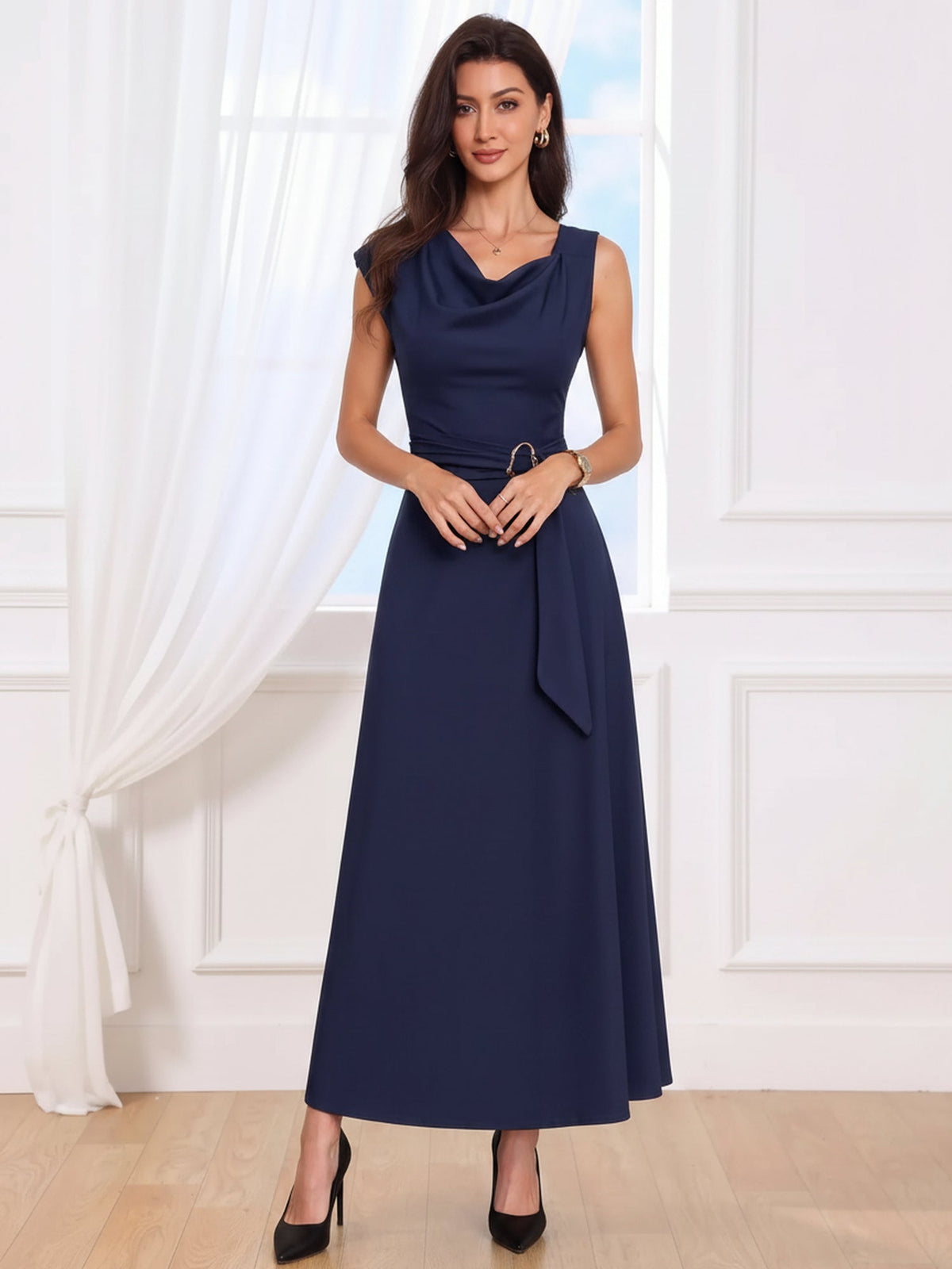Asymmetrical Sleeveless Cowl Neck Midi Dress