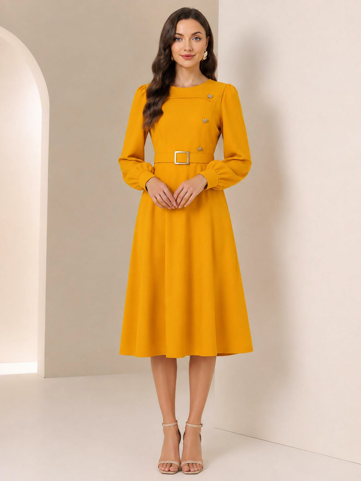 Puff Sleeves Button Decor Belted A-Line Midi Dress