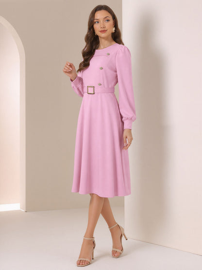 Puff Sleeves Button Decor Belted A-Line Midi Dress